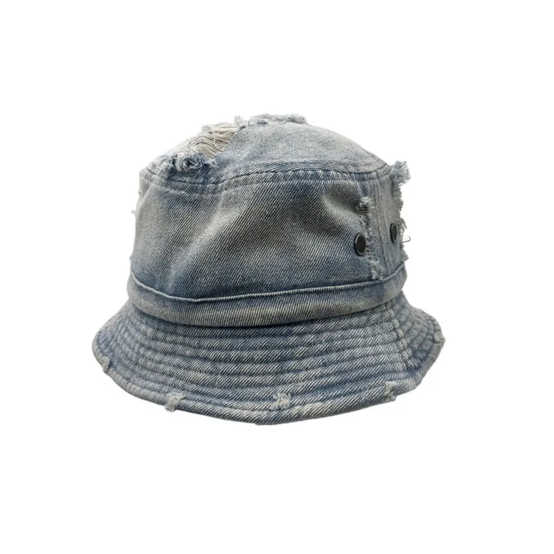 Japanese-Style Distressed Denim Korean Versatile Ripped Wide-Brimmed Hat for Men and Women Hip-Hop Streetwear Sun Protection Fis