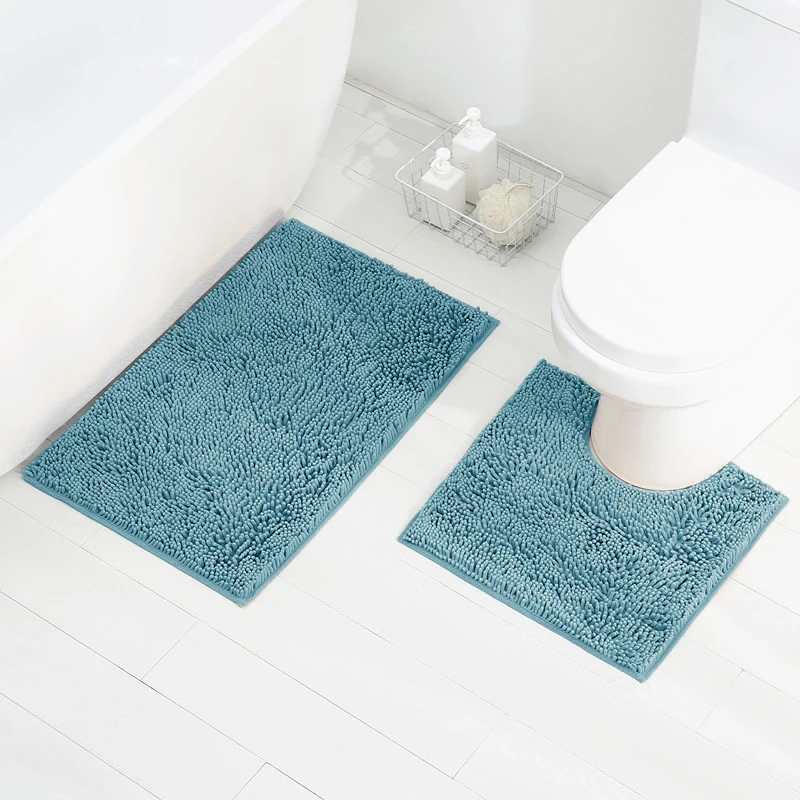 SHENGDE Custom Size Bathroom Shaggy Solid Color Microfiber Rug Set 3pc Non Slip Tpr Shiny Chenille Bath Mat