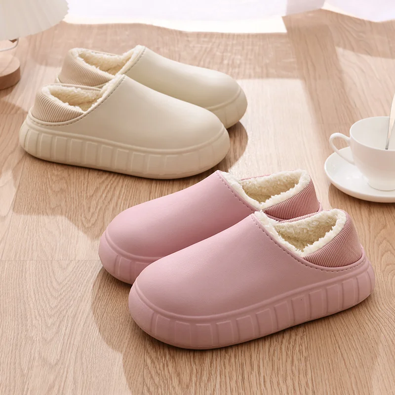 PU leather slippers couple simple floor home winter non-slip and waterproof cotton slippers for women and man