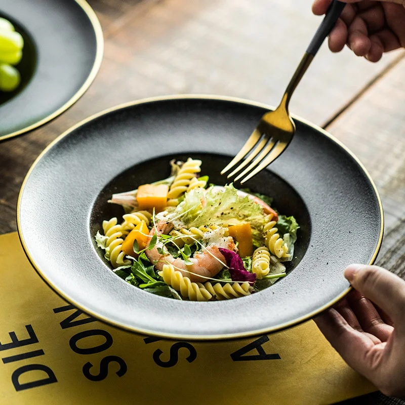 Frosted gold rimmed ceramic western food soup plate Home creative net red round straw hat plate