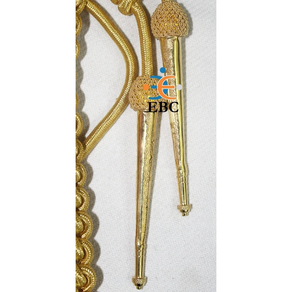 OEM Chocolate Brown Silk Aiguillette Cord with Gold Metal Tips Custom French Wire Lanyards Ceremonial Uniform Shoulder Cords