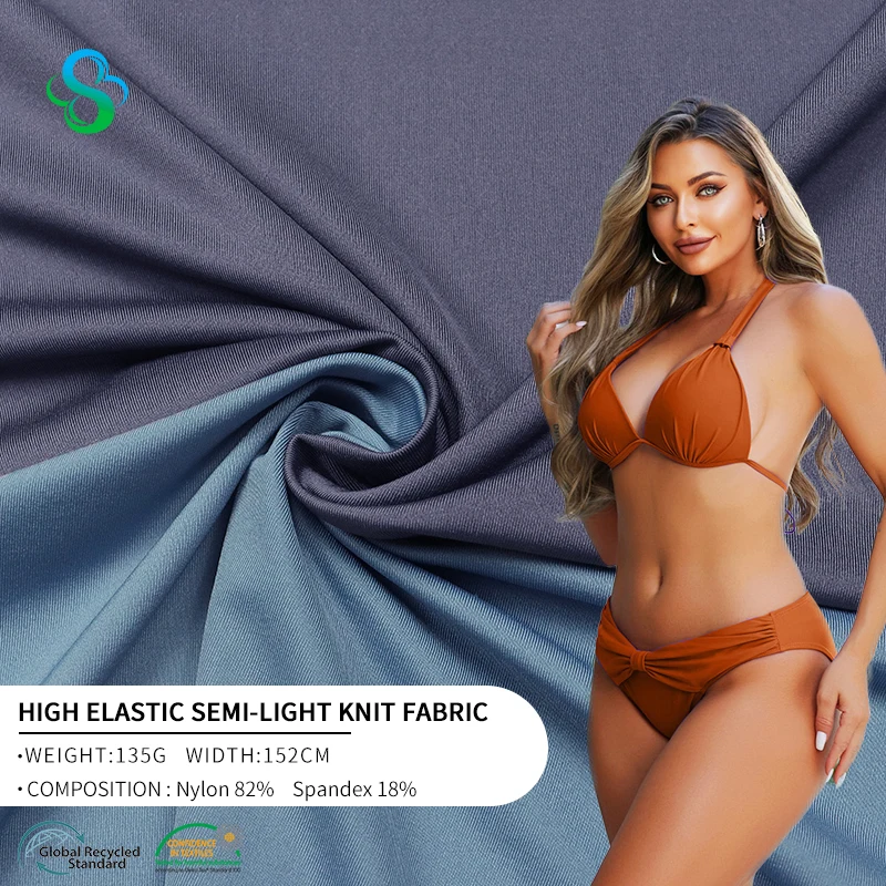 Оптовая продажа, бикини, эластичная полиамидная ткань для купальников, трикотажная ткань из переработанного 82%, нейлоновая 18%, спандекс, поставщик для купальника
