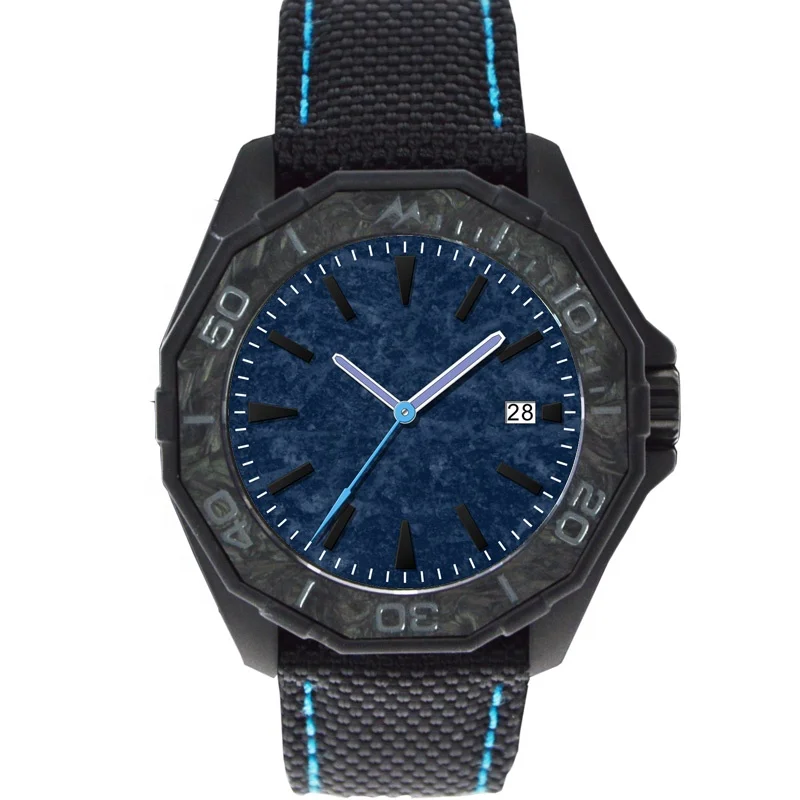 High Quality Customer Black Forged Carbon Fiber Nylon Strap Case Bezel Quartz Watch