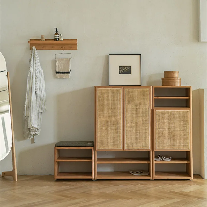 Solid Wood Storage Rack Home Rattan Hallway Cabinet Nordic Cherry Wood Shoe Cabinet