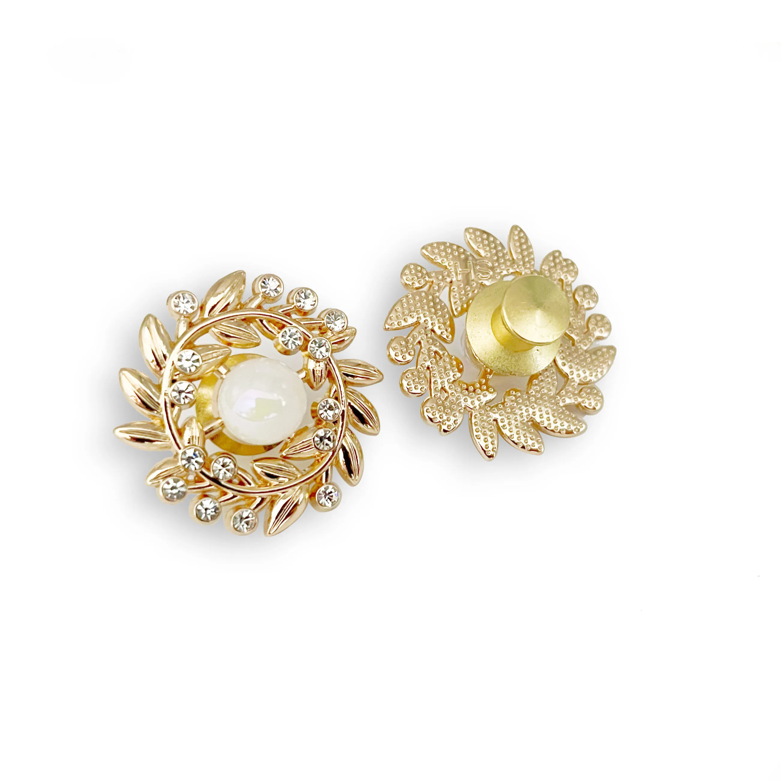 Factory Direct sales Round shape Gold   Big pearl  leaf shape with Diamond  pin  brooches for lapel and suit