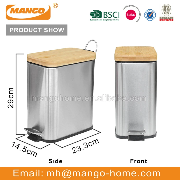 New Eco-friendly Bamboo Lid Stainless Steel Foot Pedal 3L 5L Waste Bin Metal Garbage Bin Dust Bin  For Kitchen Bathroom Office