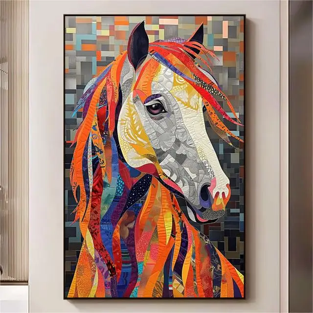 3D Colorful Horse Abstract Minimalist Oil print Painting on Canvas Custom Living Room Wall art Decor Animal Paintings texture