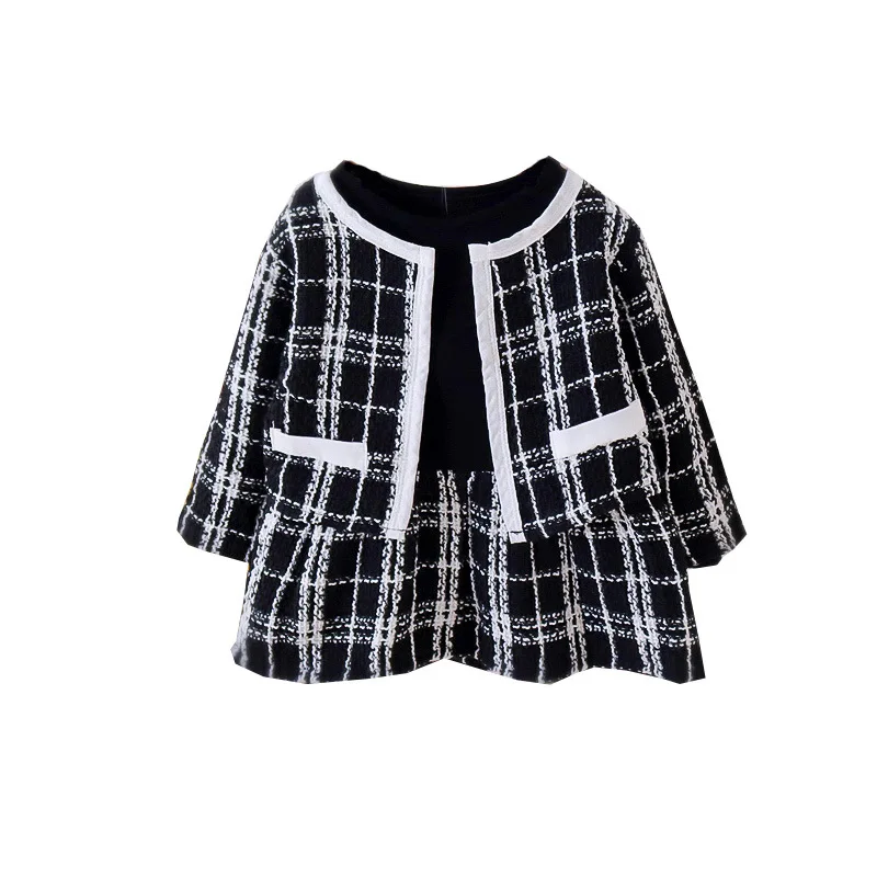 Plaid Shirts Coat 2 Pieces With Skirts Dresses Wholesale Kids Girl Children Clothes Set