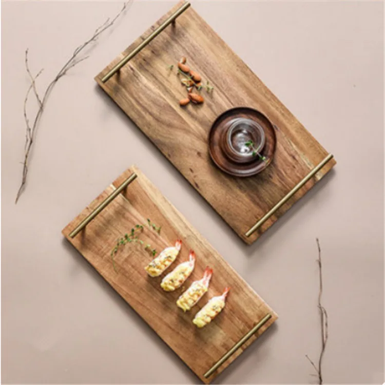 Factory Suppliers Nordic wooden tray creative rectangular acacia Wooden Serving Tray with metal handles