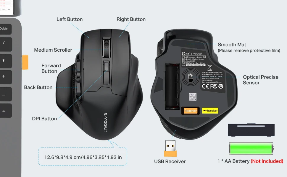 Ergonomic Large Mouse Wireless 4800 DPI 5-levels Adjustable 2.4Ghz  Precise Optical Wireless Mouse