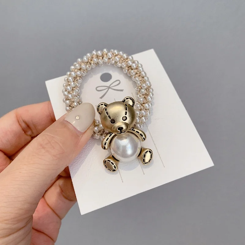 New Pearl Elastic Hair Bands Ties Women Girls Sweet Alloy Bear Rubber Headband Hair Ropes Fashion Hair Accessories Handmade Band