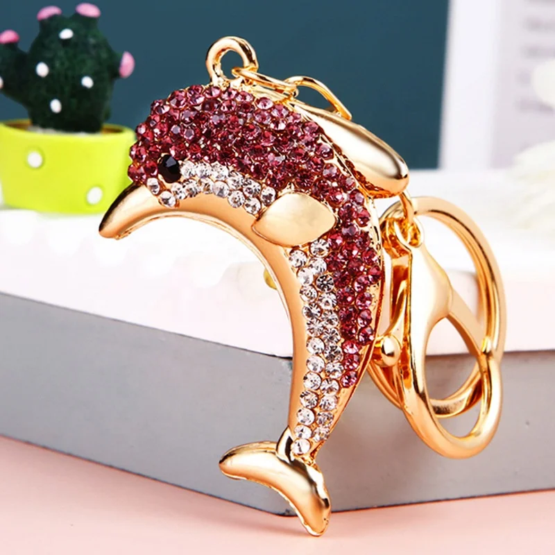 Hot Sale Customize Animal Dolphin Shiny Luxury Colorful Stone Metal Zinc Alloy Key chains