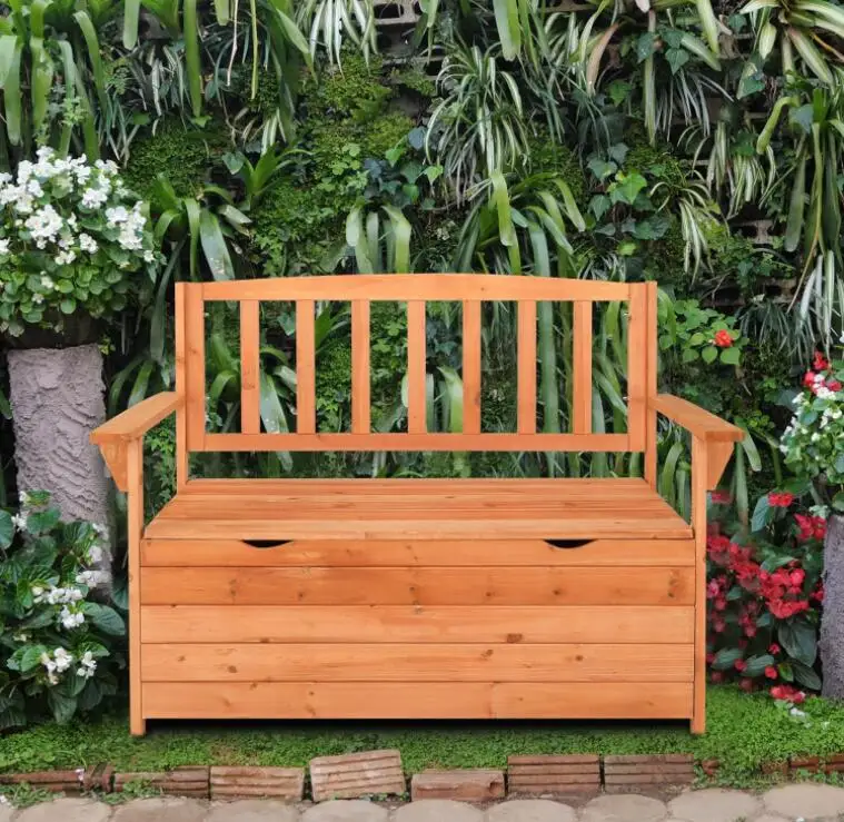 Outdoor Solid Wood Garden Bench Slatted Design Natural Wood Garden Bench