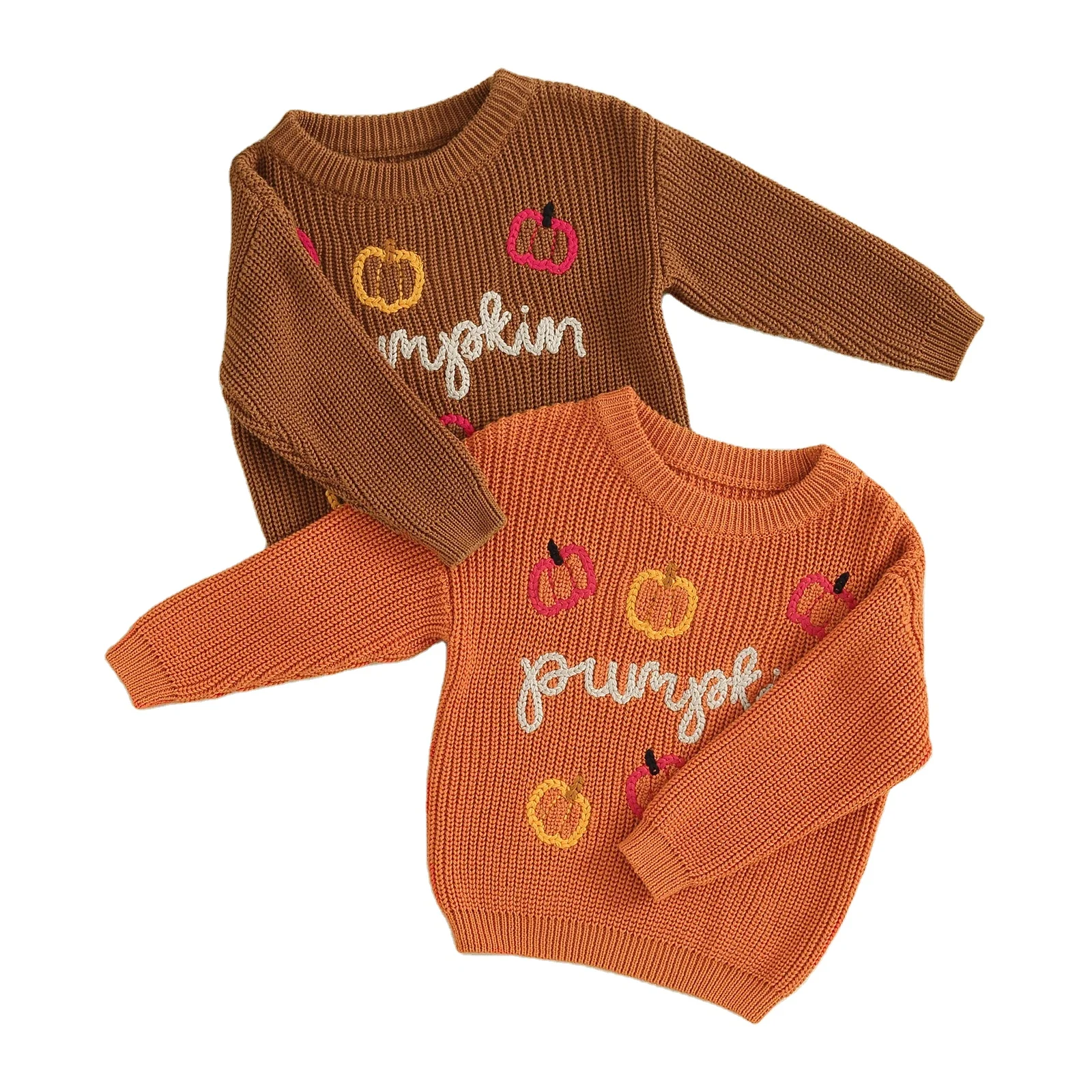 Rarewe Halloween Original Design Solid Color Kids Knitted Pullover Letter Patched Pumpkin Embroidery Girls Crocheted Sweater