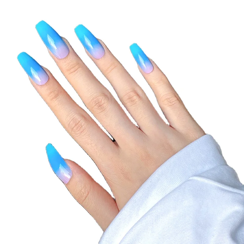 Luxury Long Ballet Sticker Gradient Light Blue Artificial Nails Coffin False Nail Press On Nails 24pcs/set Box Packaging