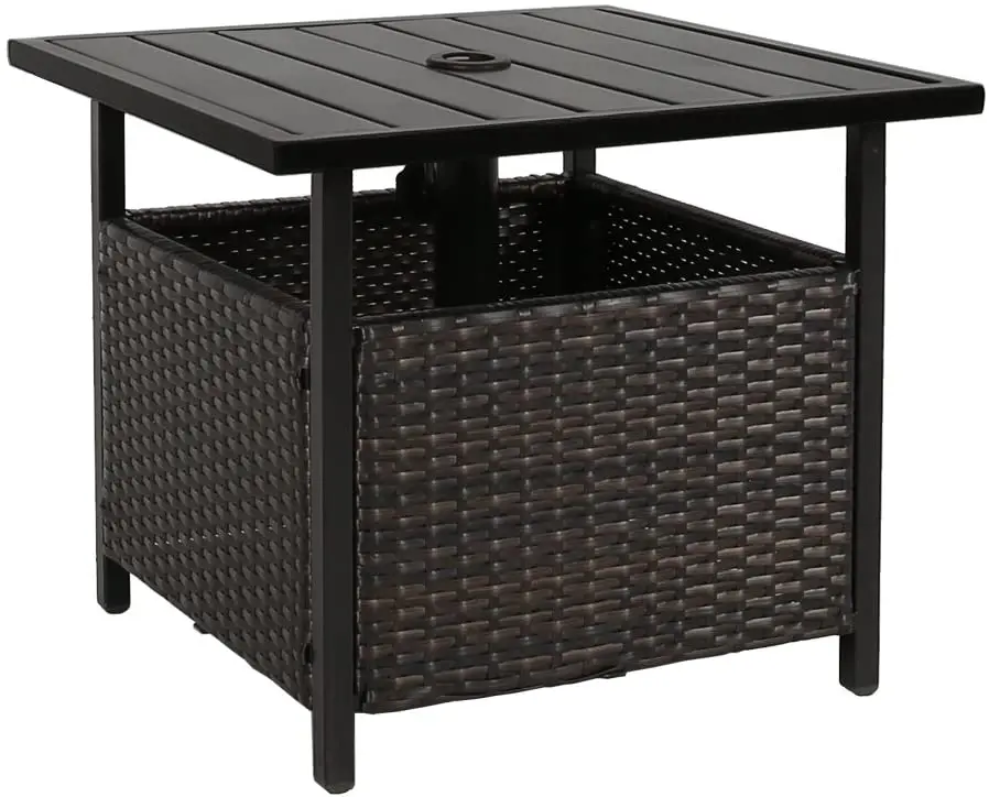 Patio PE Wicker Umbrella Side Table Stand, Outdoor Bistro Table with Umbrella Hole