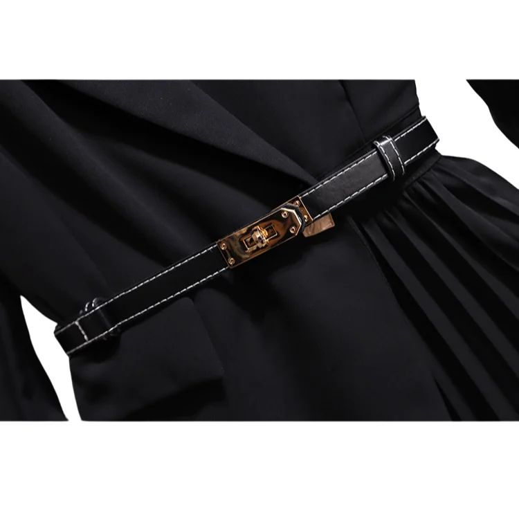 High Quality Spring Autumn Elegant Blazer Dress V-neck Slim Design Pleated Dresses Women Casual Ladies Office Dresses