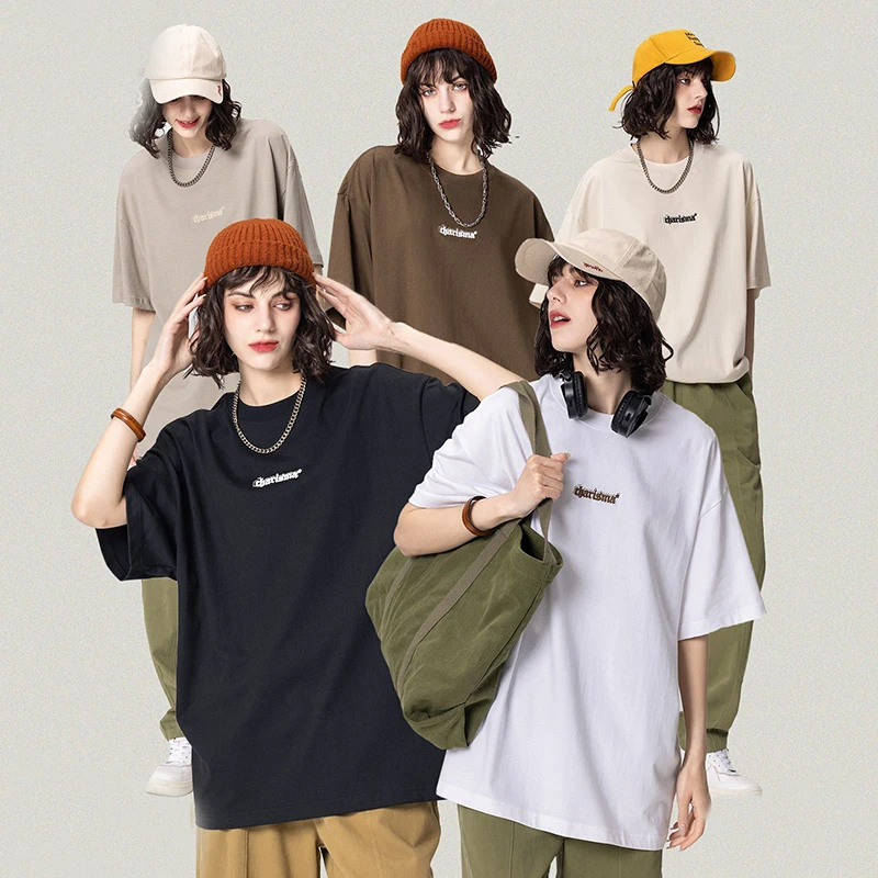 Wholesale Summer Unisex Heavy Weight T Shirt 270g Embroidery Oversized Tee Shirt Plus Size Men T-shirt Casual Knitted O-neck