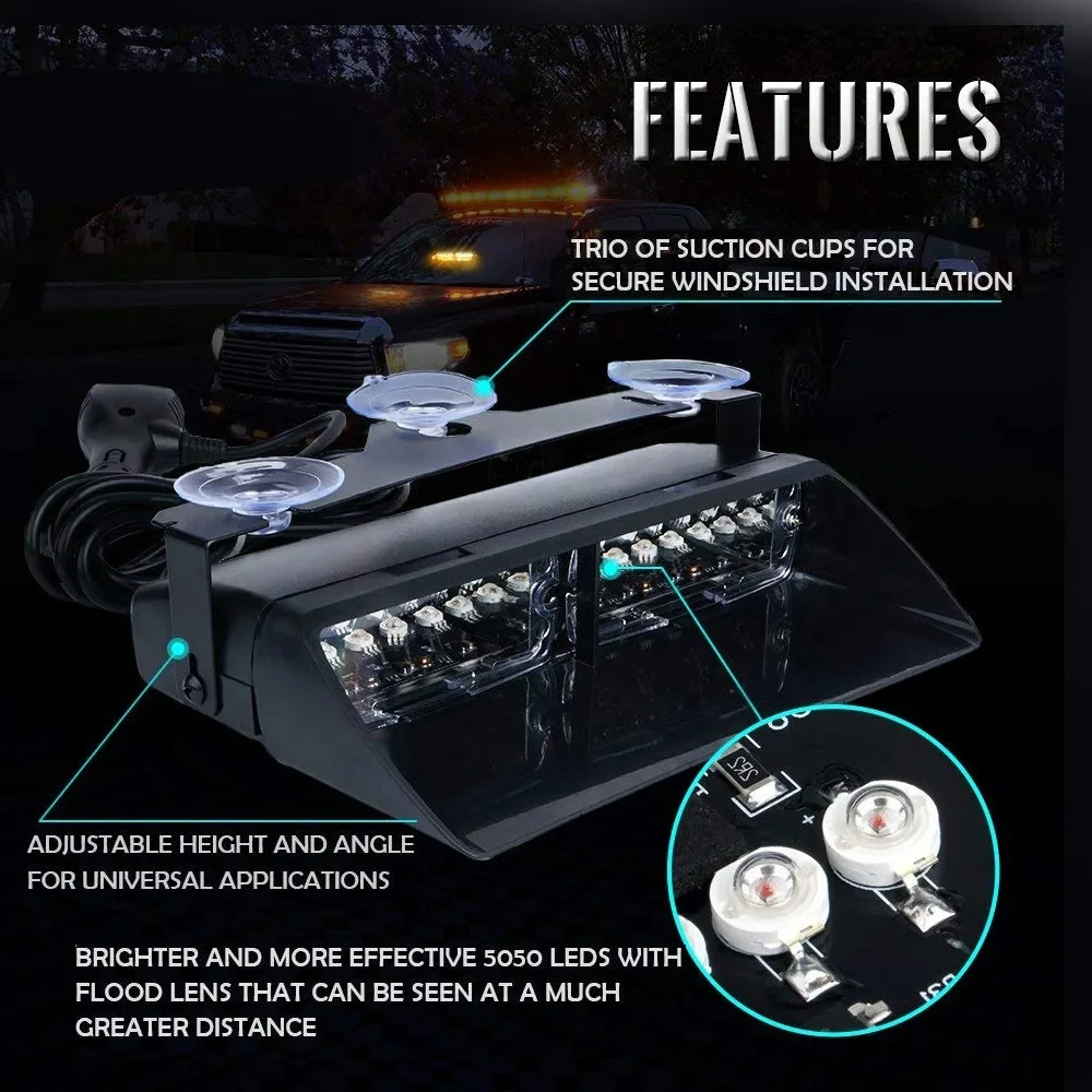 16W Car Windshield LED Strobe Light 12V Waterproof Police-Lights Warning Light Flash Dash Emergency Signal Lamps