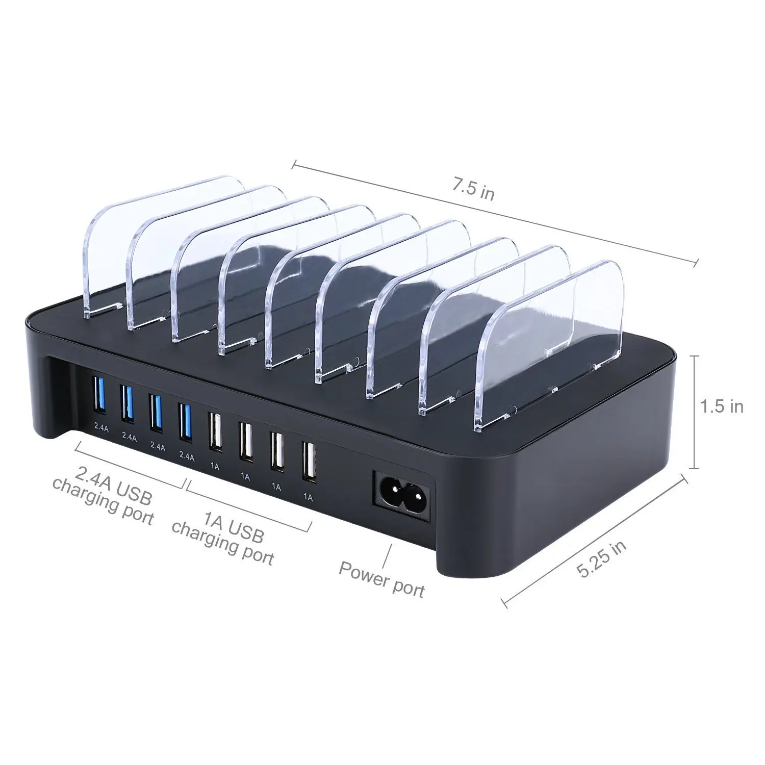 Multi Charging Station 8-Port USB Charger for Multiple Device with SmartIC Tech and Adjustable Dividers, Organizer Stand