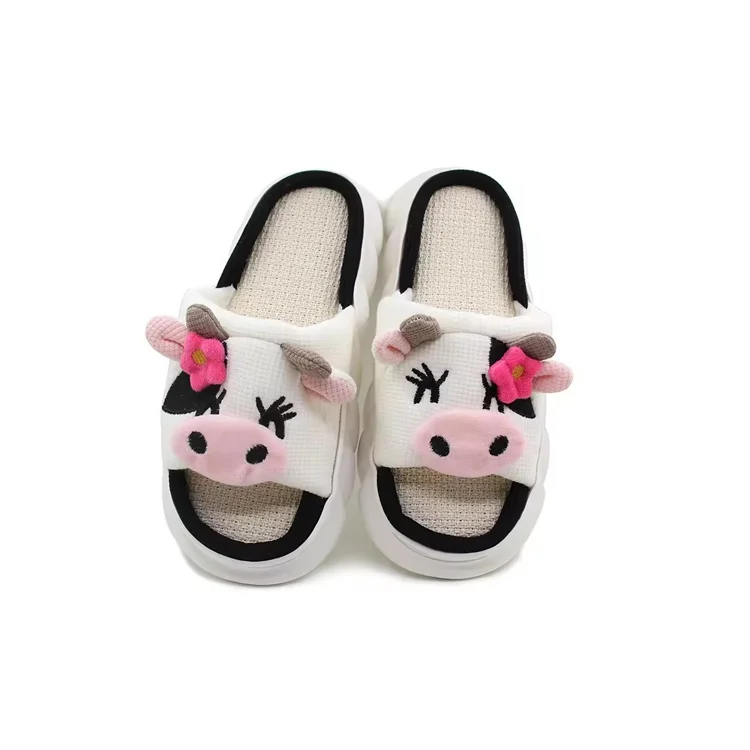 Bosirui Women EVA Sole Open Toe Thick Sole Cute Animal Cartoon Cow Slippers High Quality Indoor Home House Cotton Linen Slippers