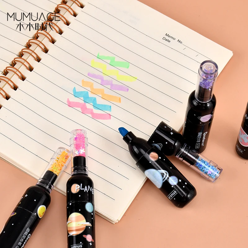 Highlighters Chisel Tip Glitter Ink Colors Kawaii Cute Cartoon Highlighter Pen Set for Student Kid Stationery 6 pack