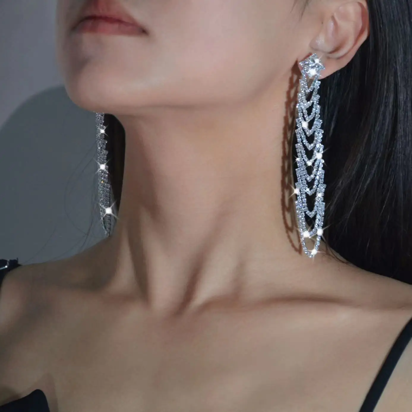 Elegant Design Zircon Rhinestone Jewelry Hoop Earrings Sliver Plated Drop Earrings