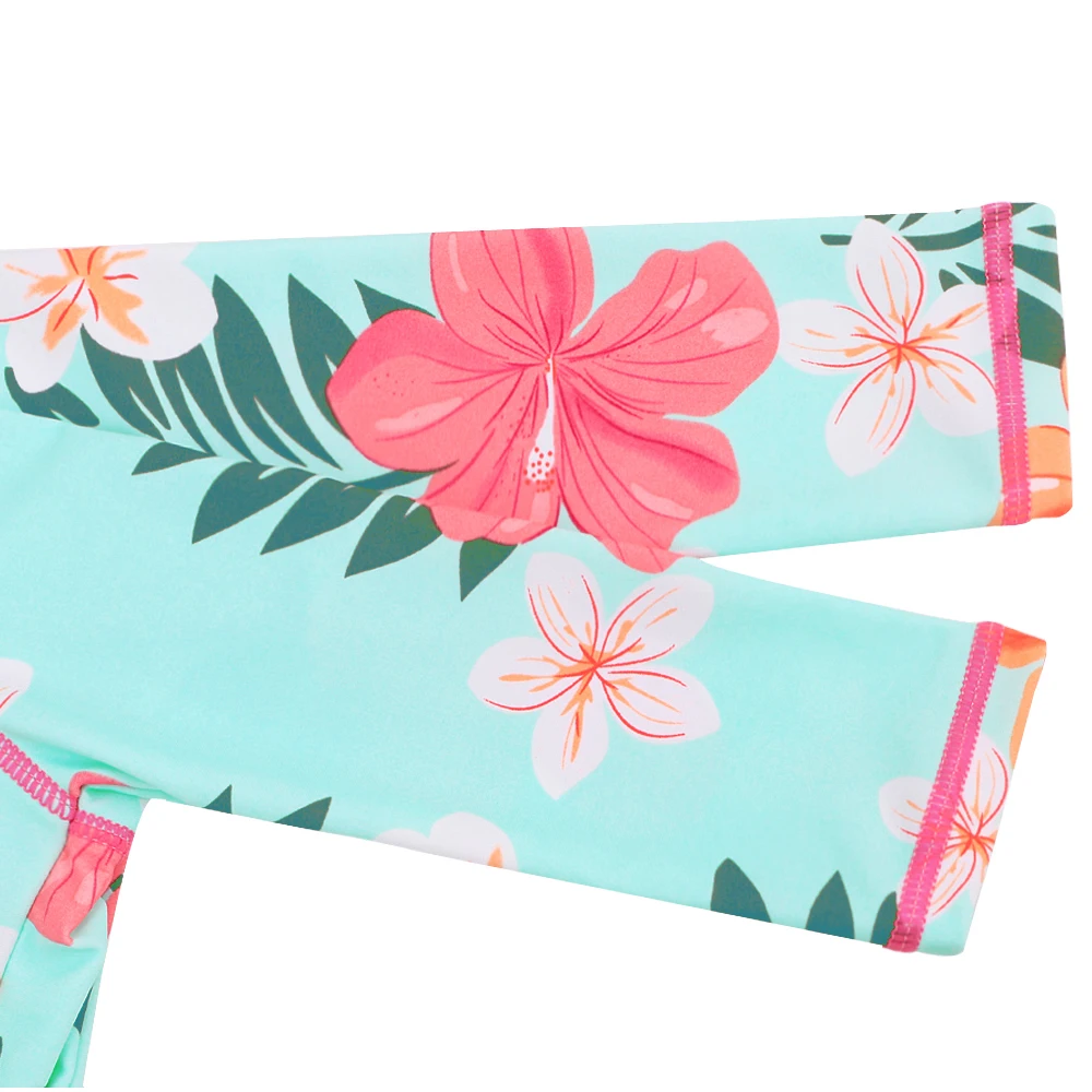 Baby Swimwear Girls Cyan Flower  UPF 50+ Kids Swimwear Long Sleeve Infant Swimsuit Beach Bathing Suit Rash Guards