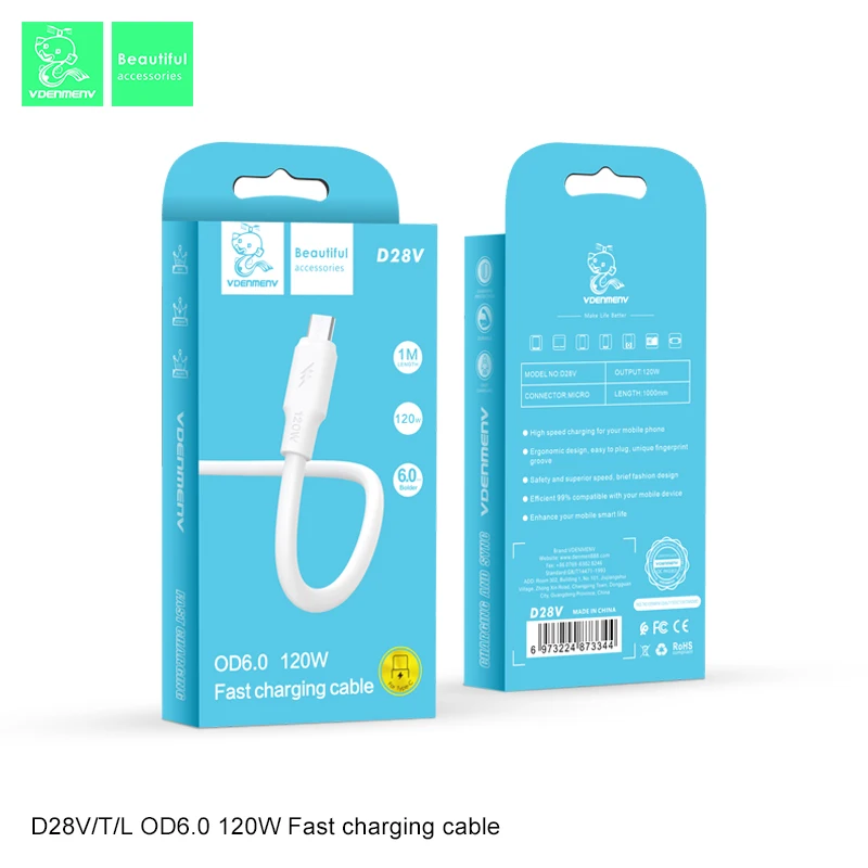 DENMEN 2022 Cell Phone data cable 1m PVC Micro 120W pure copper fast charging usb data cable