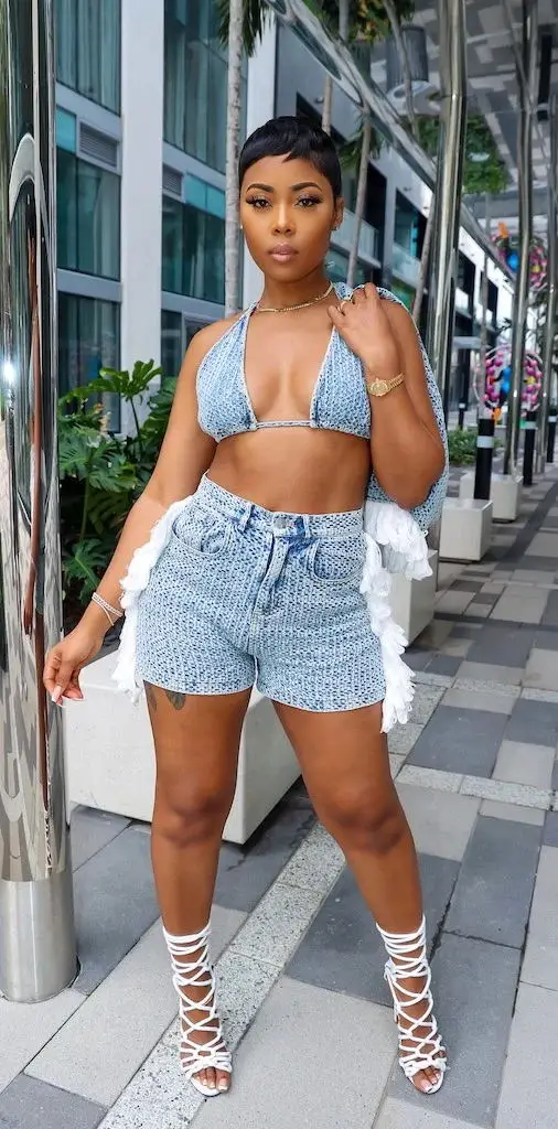 Fashion sexy tassel three pieces short set with denim crop top and denim short jeans and bra