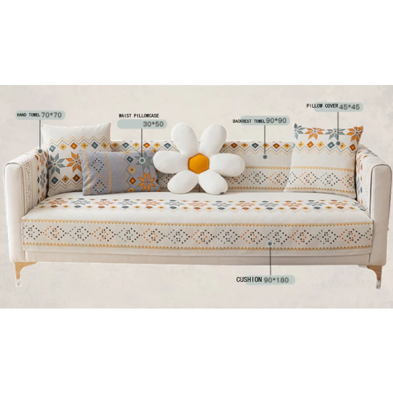 Simple Multi-person Sectional Sofa Cover Dirt Resistant Flower Rhombus Printed Fabric Sofa Cover