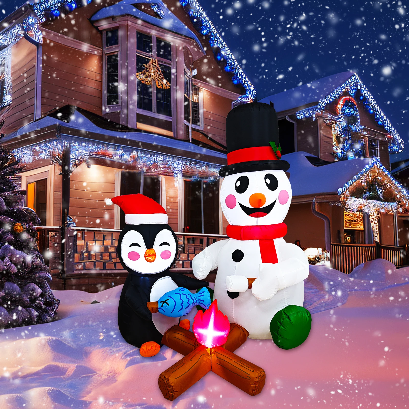 OurWarm  Christmas Inflatable Snowman Penguin Roasting Fire Outdoor Yard Decoration