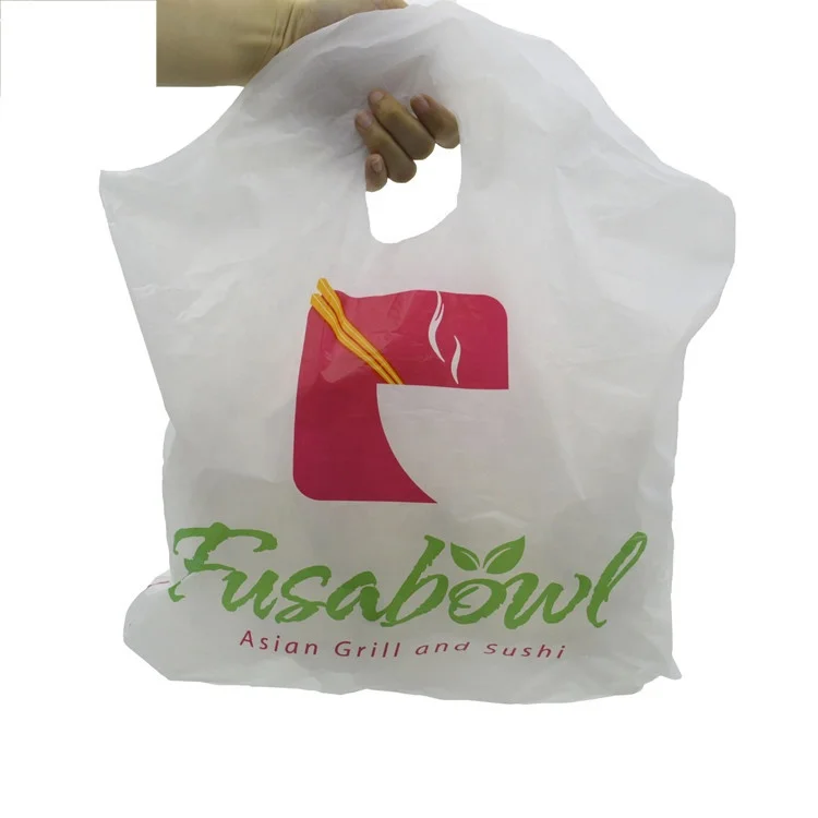 HDPE  LDPE poly reusable wave top tote die cut handle bag plastic takeout delivery  bags for restaurant shop