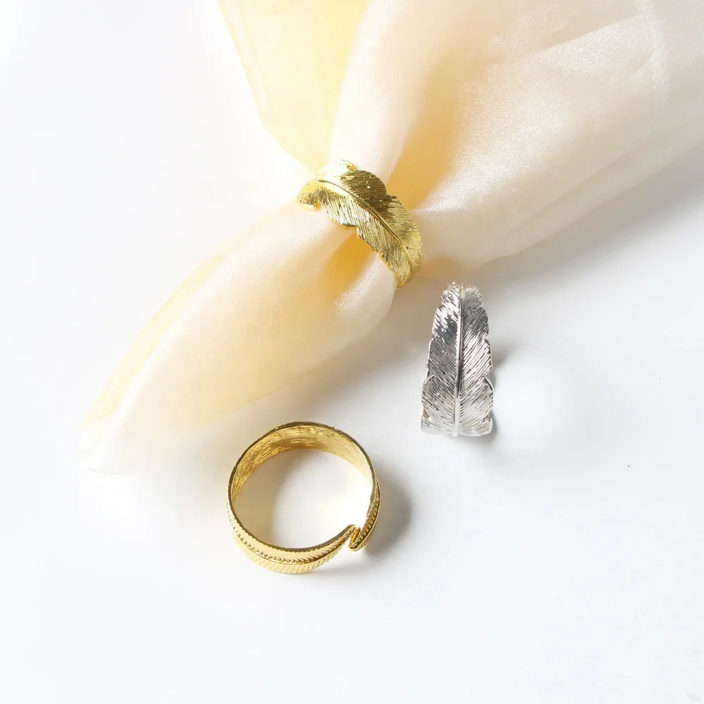 European-style restaurant banquet cloth decorated napkin ring Gold plated leaf napkin metal feather napkin ring