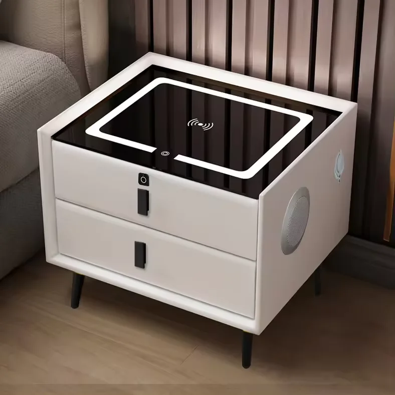 Nightstand Touch Sensing Led Light Dual Usb Smart Wireless Charger Speaker Design Fingerprint Lock Bedside Table