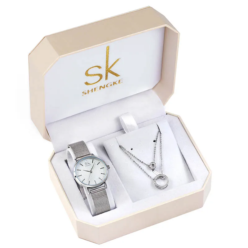 SHENGKE SK Luxury Jewelry Watches Set Bracelets & Bangles Watch Earring Necklace Jewelry Sets Box Dress Watches Sets Women SEIKO
