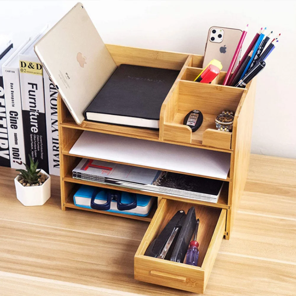 Korean wooden bamboo home office supplies desk organizer with sliding drawer