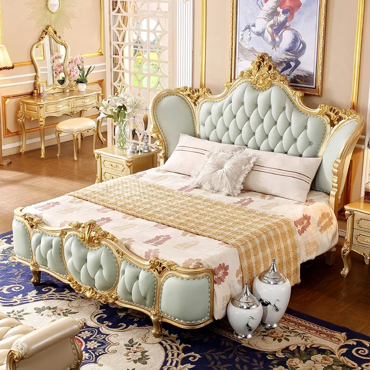 Chuangdian Foshan Factory Classical Solid Wood Carved Upholstered Bed Custom Light Luxury Double King Size European Style Bed