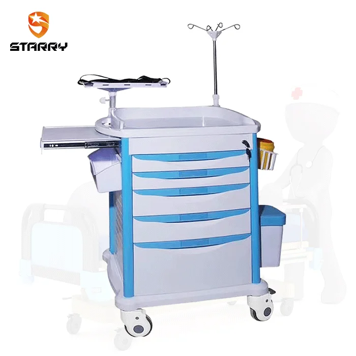 Medicine Cart ABS plastic top board 4 aluminum columns 5 drawers 4 noiseless castors medical emergency trolley