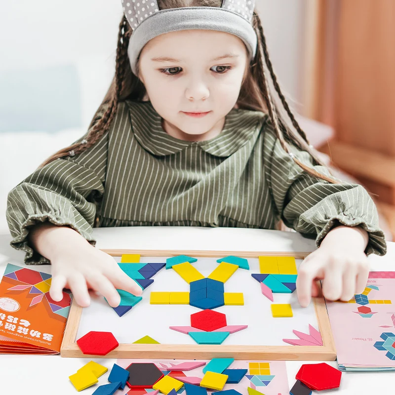 New Arrival Multi-Functional 3D Magnetic Tangram Puzzle Toy Educational Wooden Pattern Blocks Jigsaw Puzzle for Kids