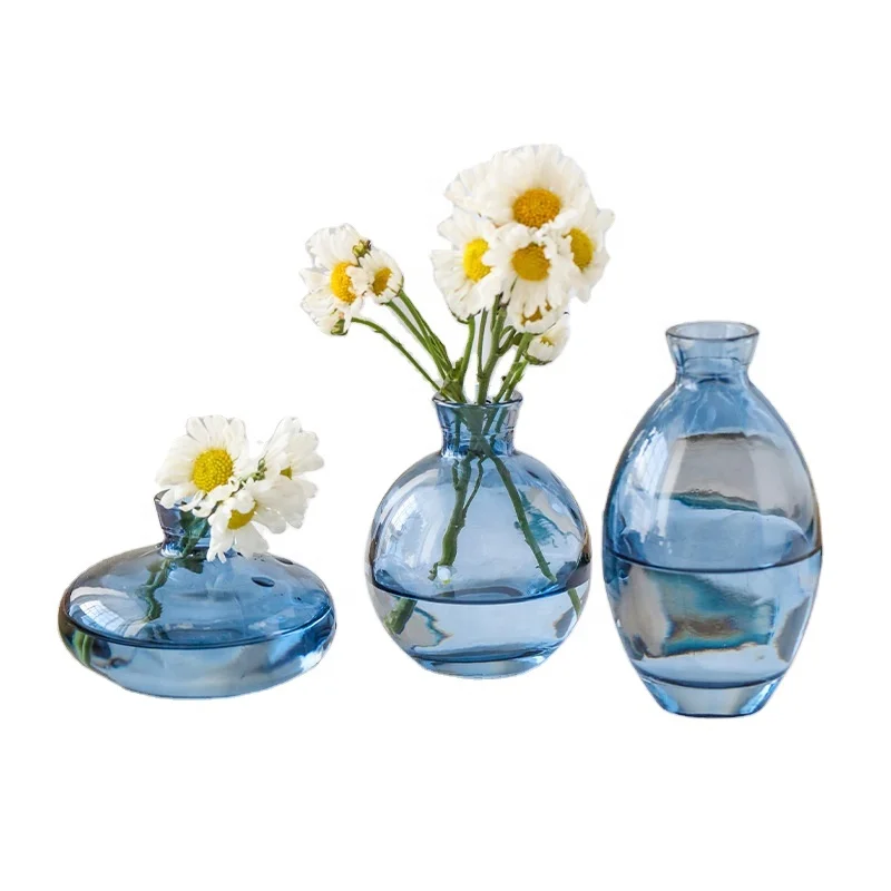 Винтажная ваза, декор для стола, оптовая продажа, ваза для цветочных бутылок, Маленькая ваза из голубого стекла