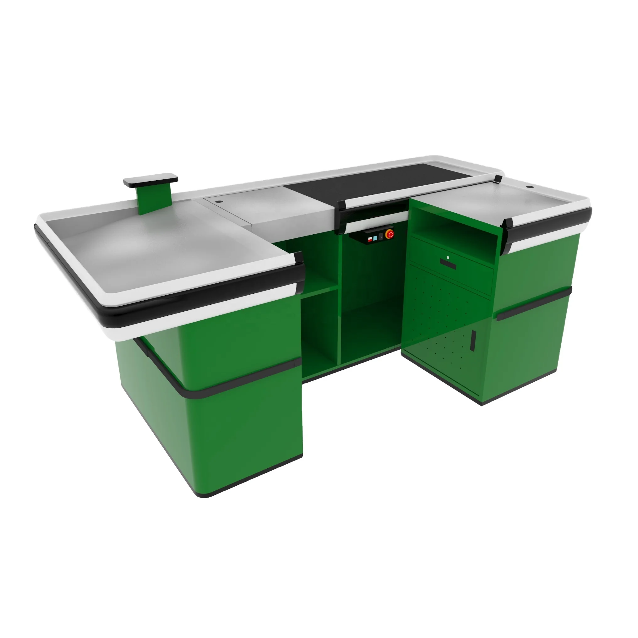 factory price brand new metallic number plate cash counter supermarket checkout counter with automatic conveyor