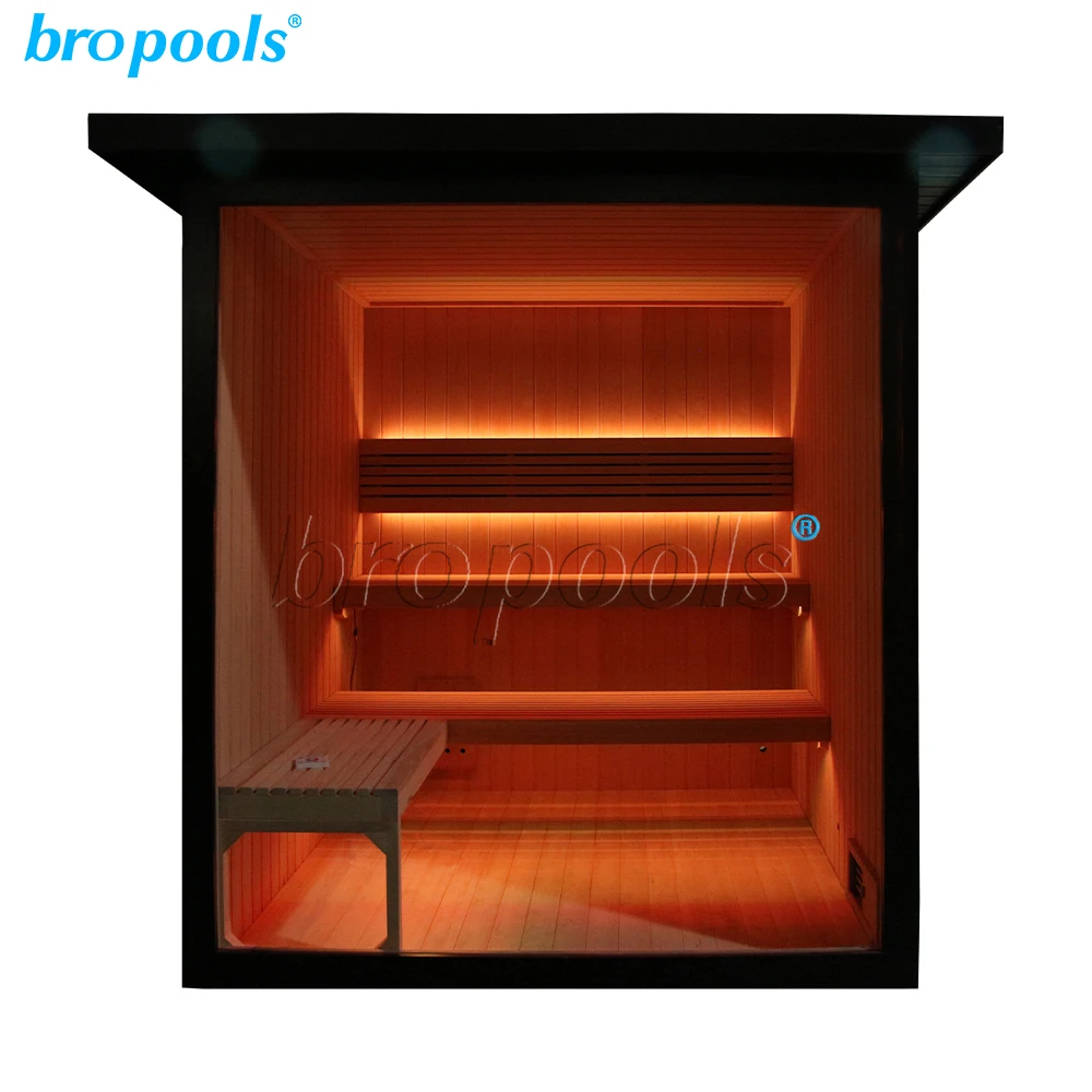 Luxurious 6-Person Traditional Black Infrared Outdoor Sauna Elegant Smart Benches Heat Stove Solid Wood Cabin Outdoor Use