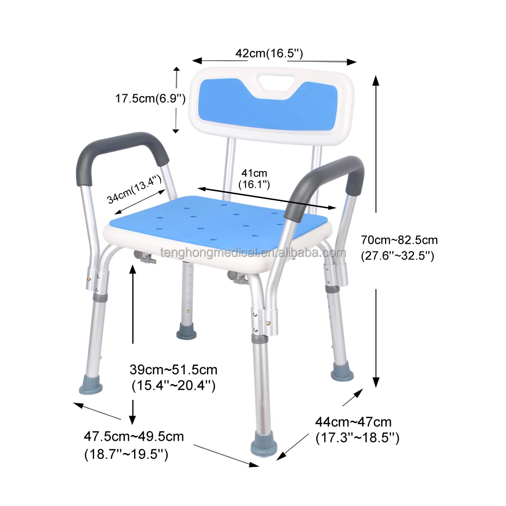 Heavy Duty 300lbload Bearing Lightweight Aluminum Frame Bathroom Shower Safety Seat Bath Chair with Armrests for Seniors
