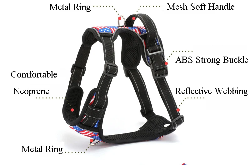 Wholesale Custom Pet Dog Harness USA Flags Medium Small Reflective Pet Dog Harness Vest and Leash with Poop Bag