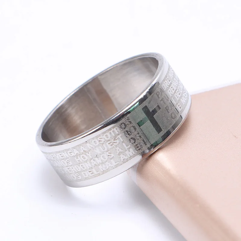 Stainless Steel Silver Color Jesus Cross Ring Letter Bible Prayer Finger Rings For Men Woman Couple Amulet Jewelry