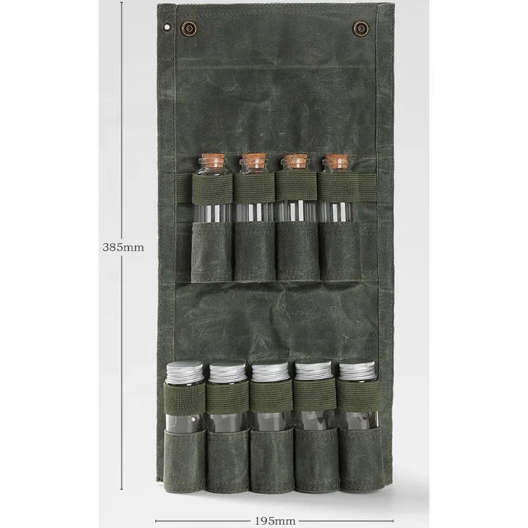 hot selling old Bushcraft Camping Spice Kit organizer with 9 bottles and Oil Pouch Waterproof Waxed Canvas Travel Spice Kit