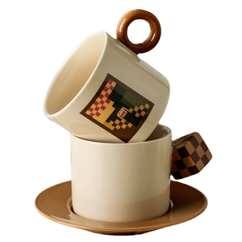 New 250ml Hot Selling Handmade Ceramic Art Cup and Saucer Set Exquisite Pixel Pottery Mug Plates for Gifts