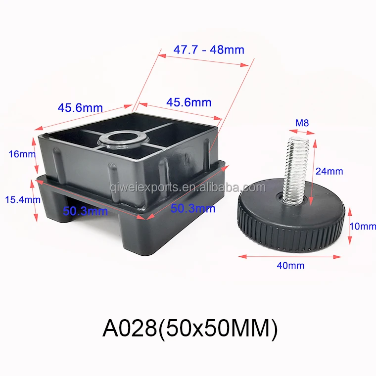 50x50mm square tube with adjustable screw ABS plastic chair table feet Adjustable Leveling Feet M8 screw adjustable