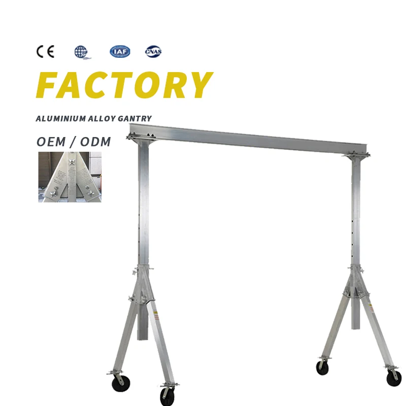 Aluminium gantry crane height adjustable hand push mobile height width load customisable hand chain hoist aluminium crane